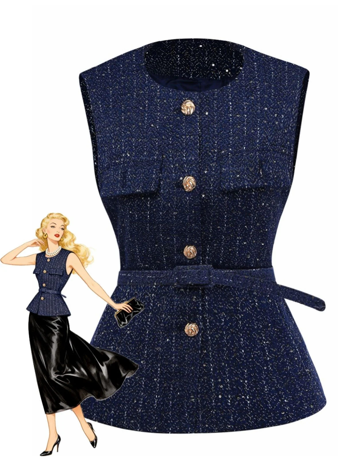 1960s Tweed Solid Button Belted Vest