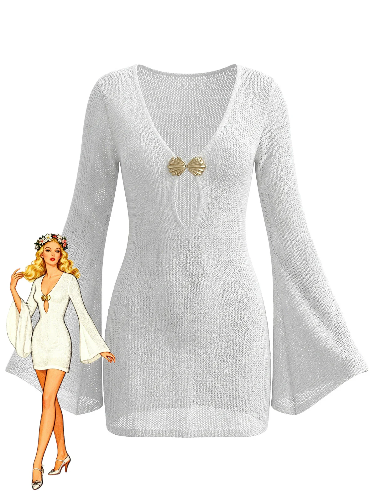 1960s V-Neck Shell-Detail Cut-out Bell Sleeve Cover-up