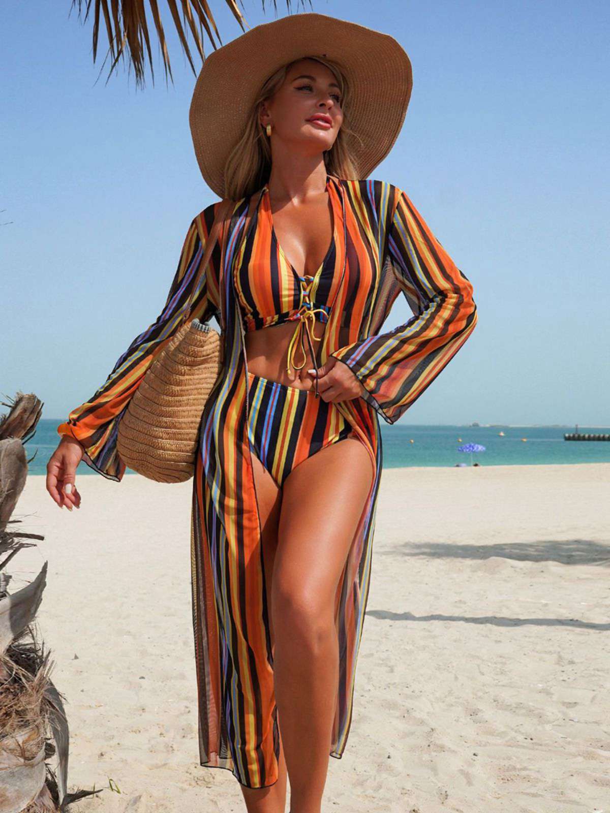 1960s Vertical Stripe Lace-Up Bikini Set & Cover-Up