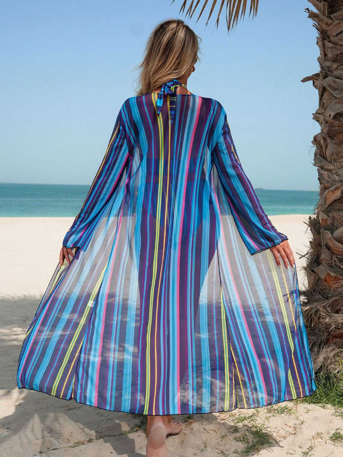 1960s Vertical Stripe Lace-Up Bikini Set & Cover-Up - Image 11