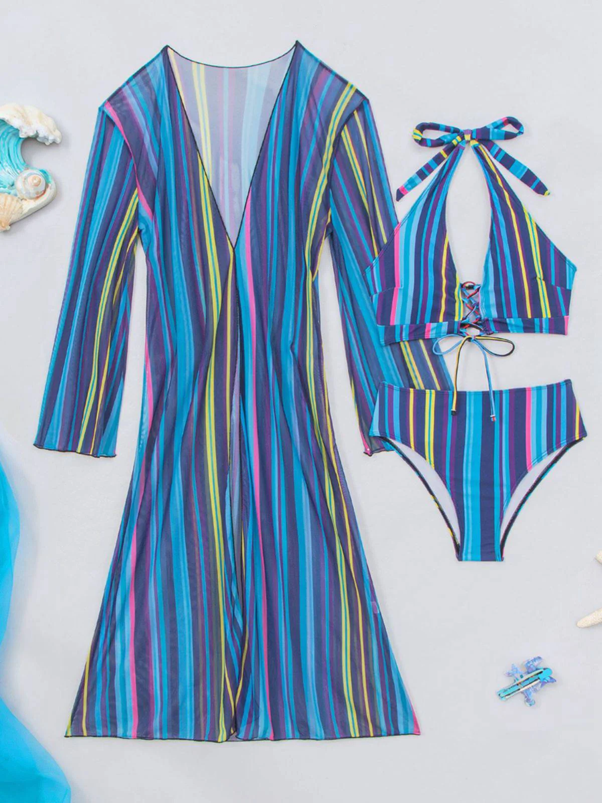 1960s Vertical Stripe Lace-Up Bikini Set & Cover-Up - Image 13