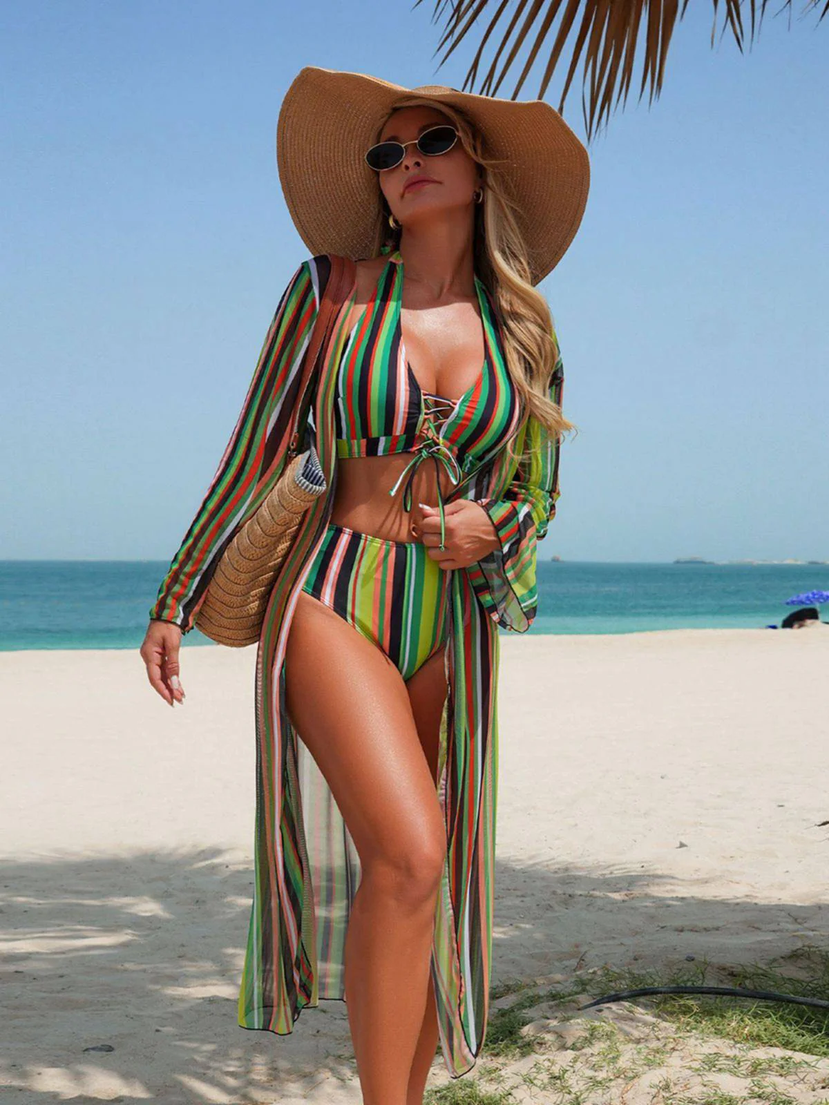 1960s Vertical Stripe Lace-Up Bikini Set & Cover-Up - Image 14