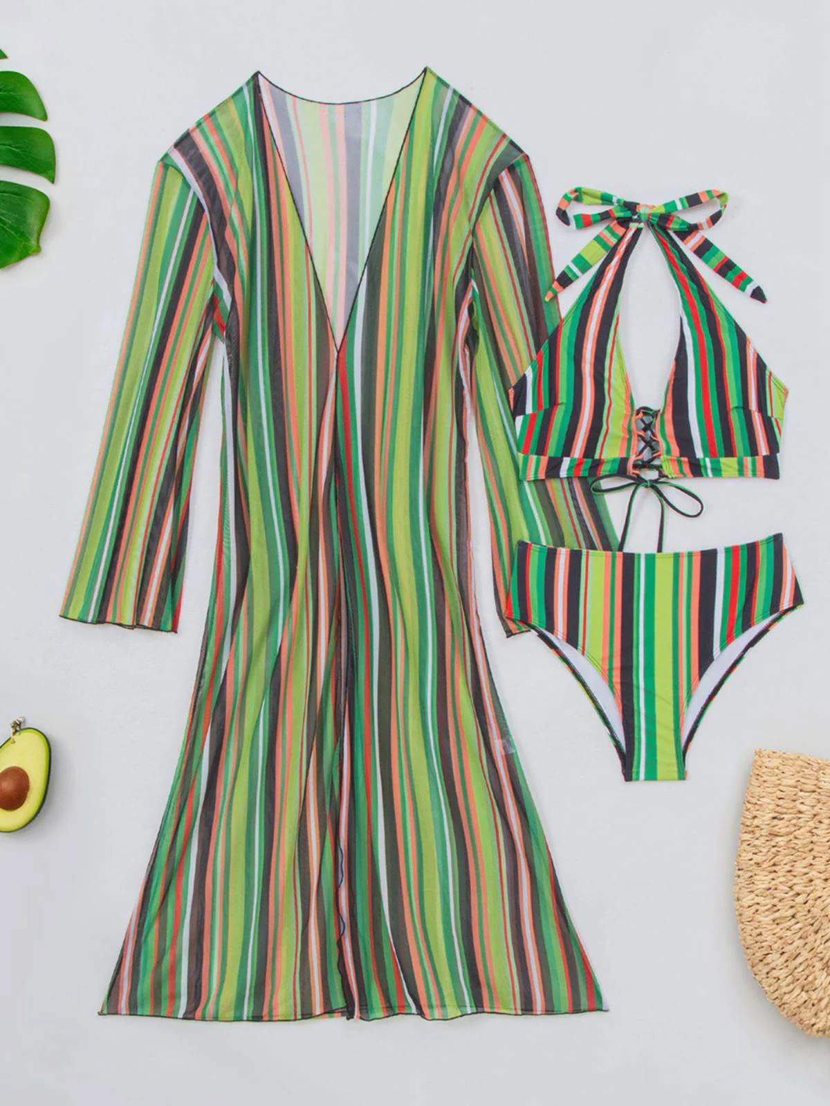 1960s Vertical Stripe Lace-Up Bikini Set & Cover-Up - Image 19