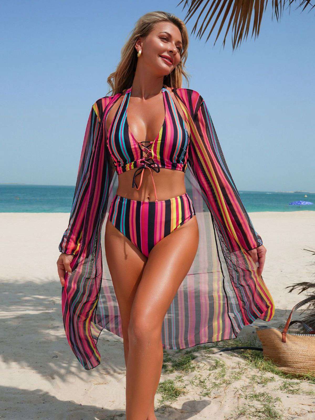 1960s Vertical Stripe Lace-Up Bikini Set & Cover-Up - Image 22