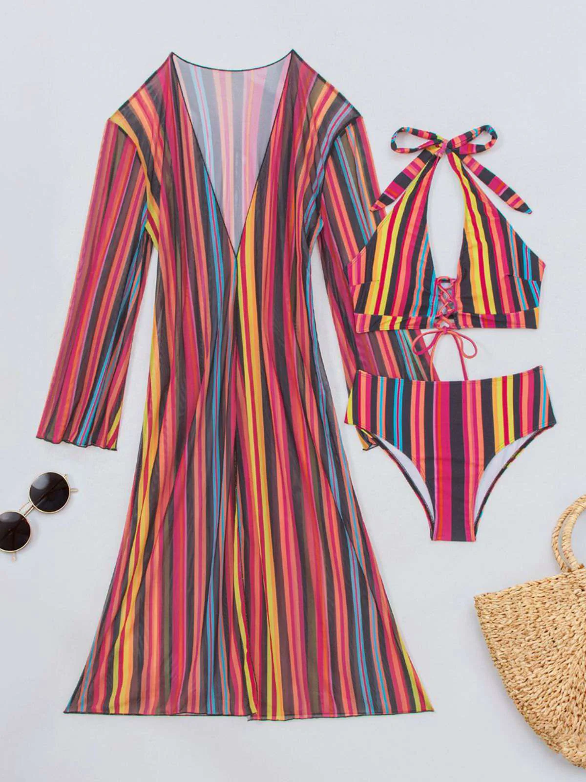 1960s Vertical Stripe Lace-Up Bikini Set & Cover-Up - Image 25