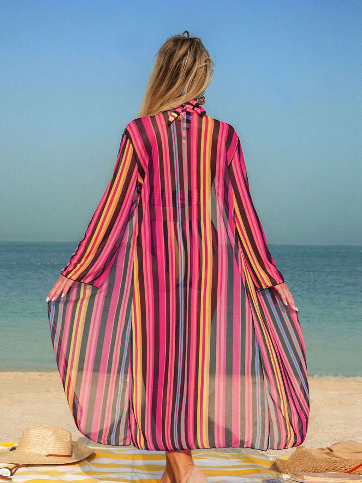 1960s Vertical Stripe Lace-Up Bikini Set & Cover-Up - Image 26