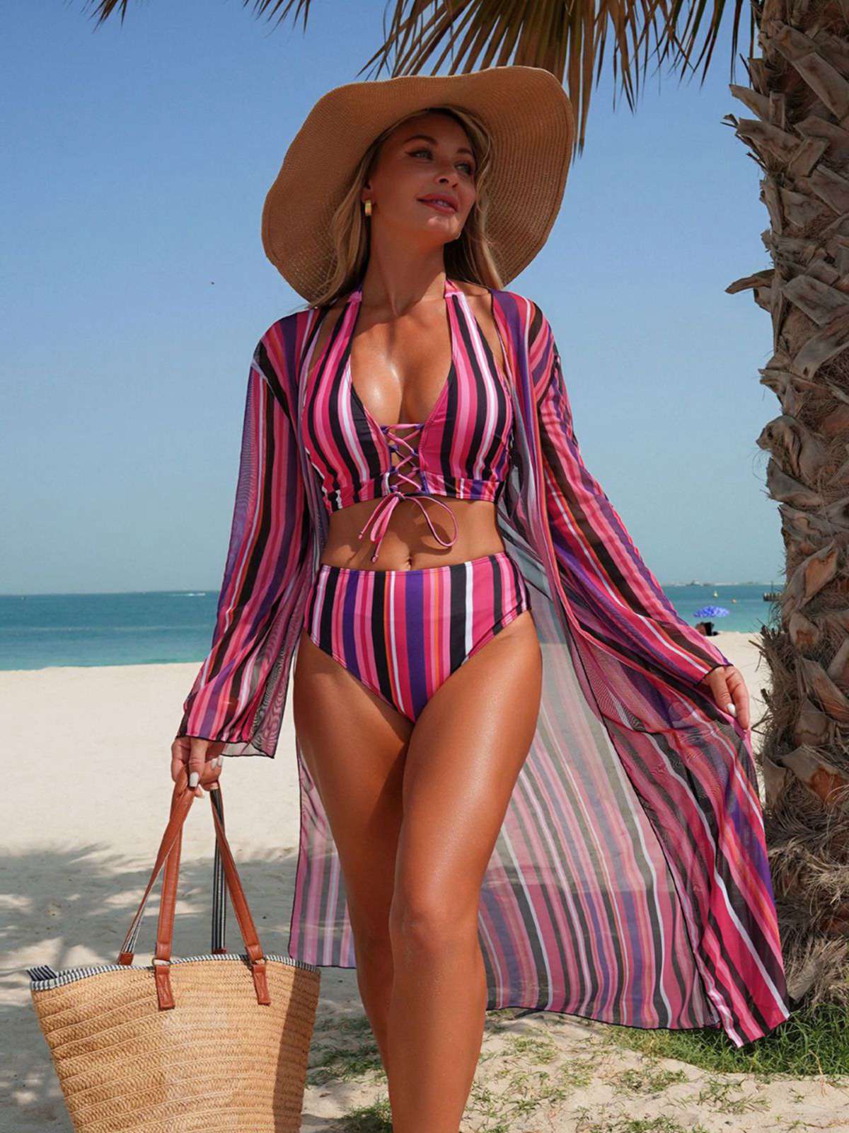 1960s Vertical Stripe Lace-Up Bikini Set & Cover-Up - Image 27