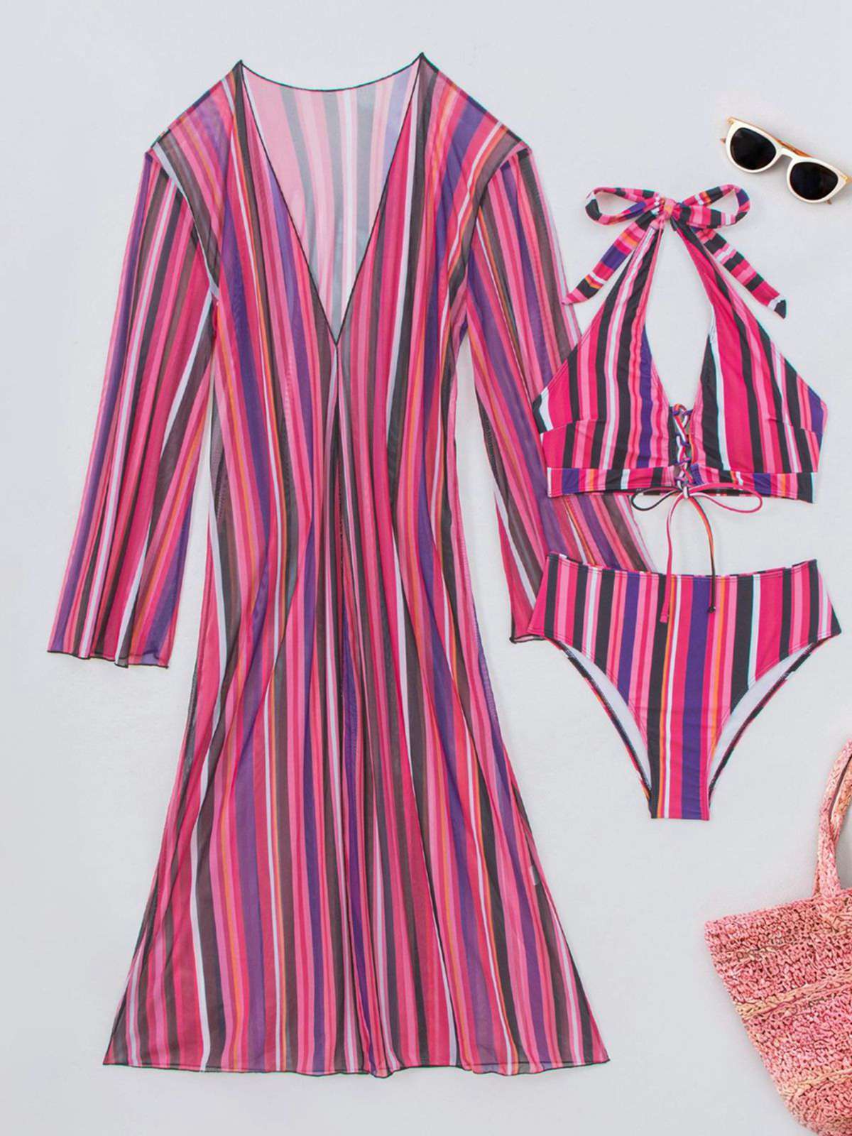 1960s Vertical Stripe Lace-Up Bikini Set & Cover-Up - Image 32