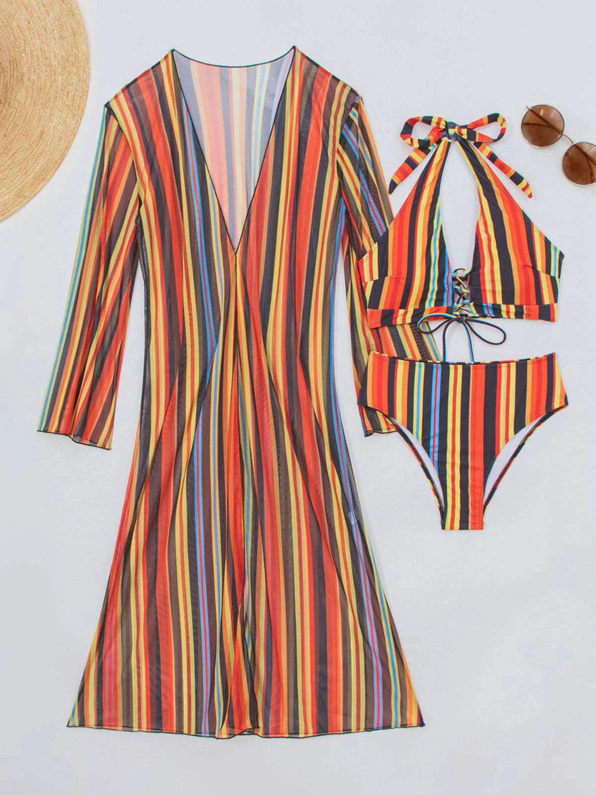 1960s Vertical Stripe Lace-Up Bikini Set & Cover-Up - Image 6
