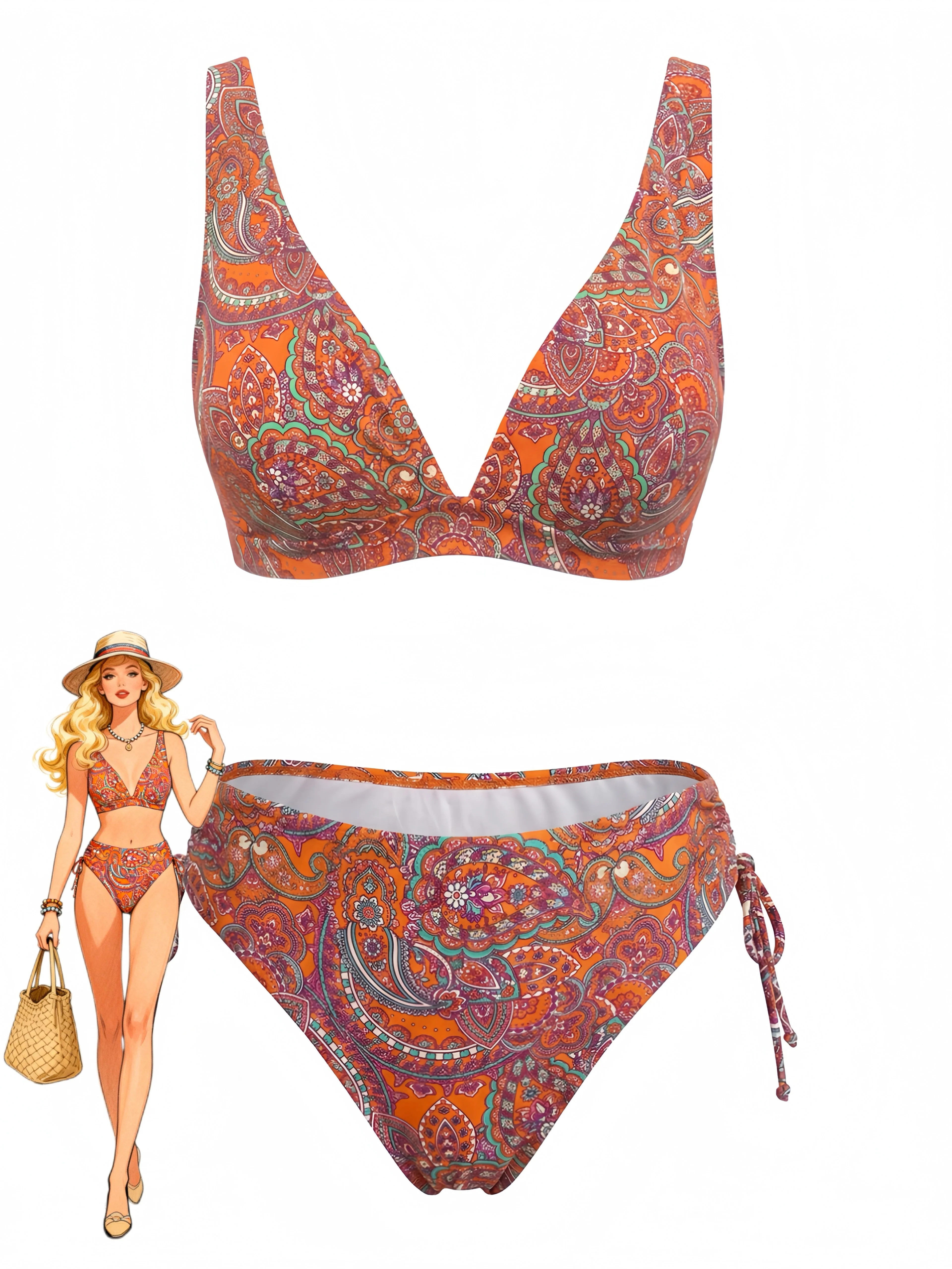 1970s Bohemian Ditsy Floral V-Neck Tankini Set