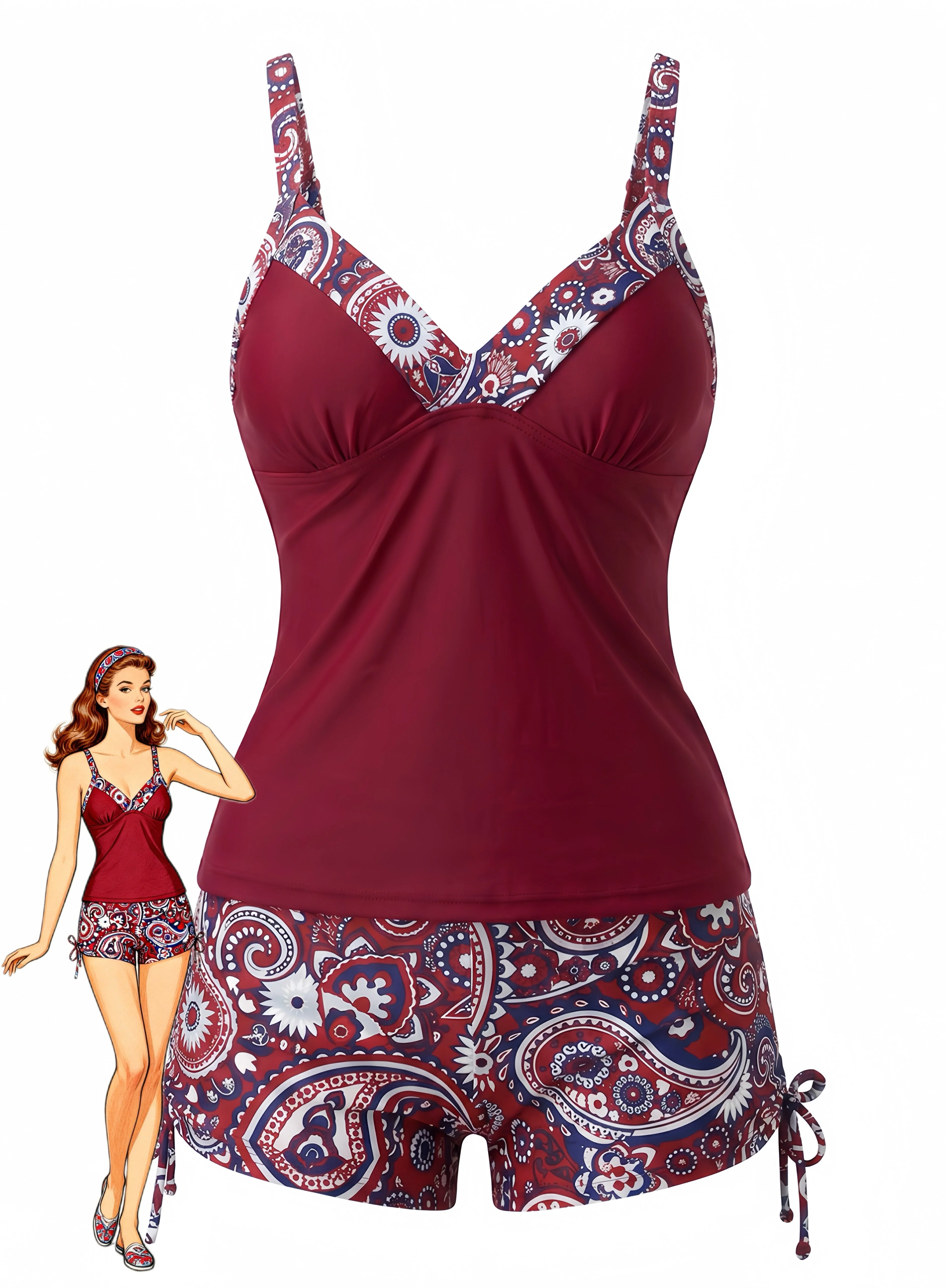 1970s Bohemian Strap V-Neck Tankini Set