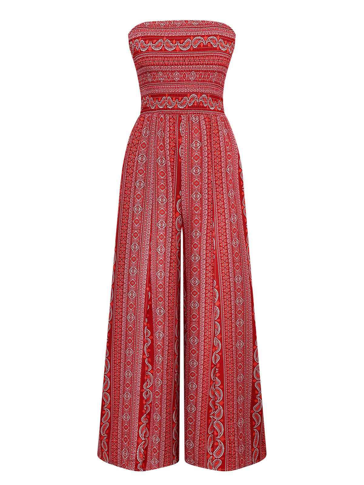 1970s Bohemian Strapless Slit Smocked Jumpsuit