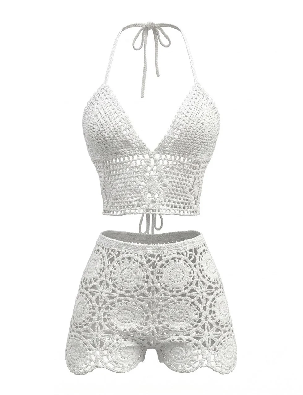 1970s Boho Crochet Halter Tie Shorts Cover-Up Set