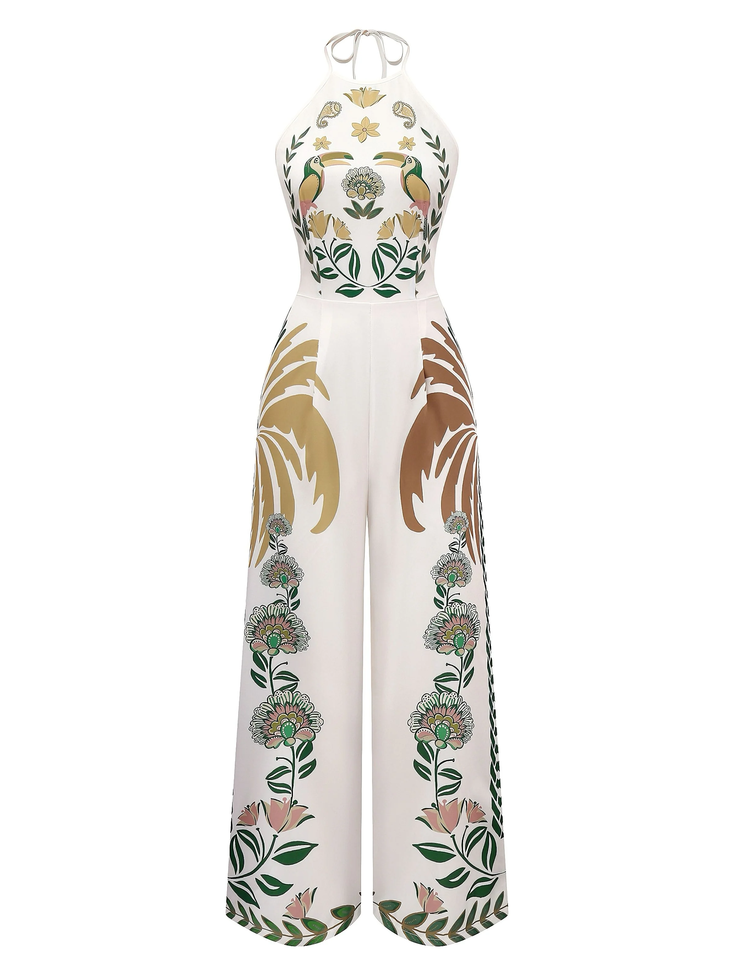 1970s Boho Floral Back Lace-Up Patchwork Jumpsuit