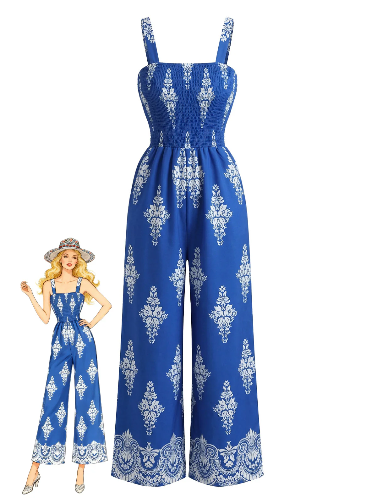 1970s Boho Floral Print Smocked Wide Leg Jumpsuit