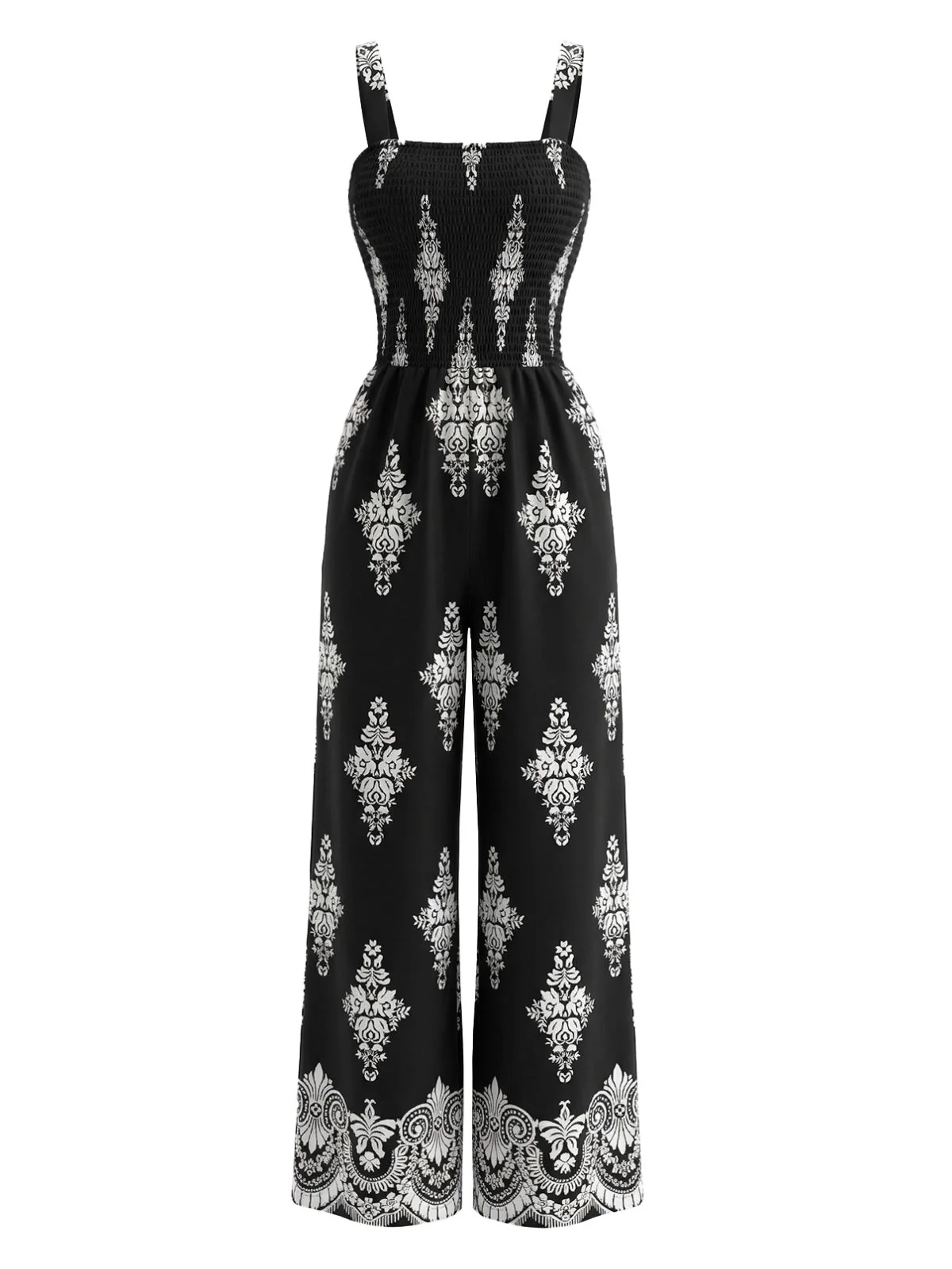1970s Boho Floral Print Smocked Wide Leg Jumpsuit - Image 4