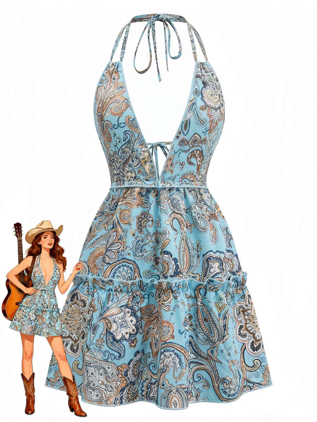 1970s Boho Paisley Halter Deep-V Backless Mini Dress