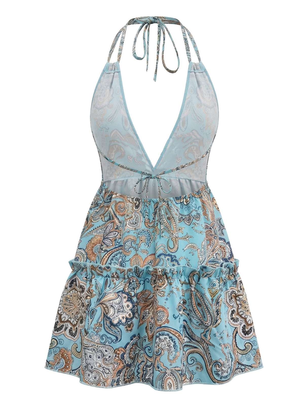 1970s Boho Paisley Halter Deep-V Backless Mini Dress - Image 3