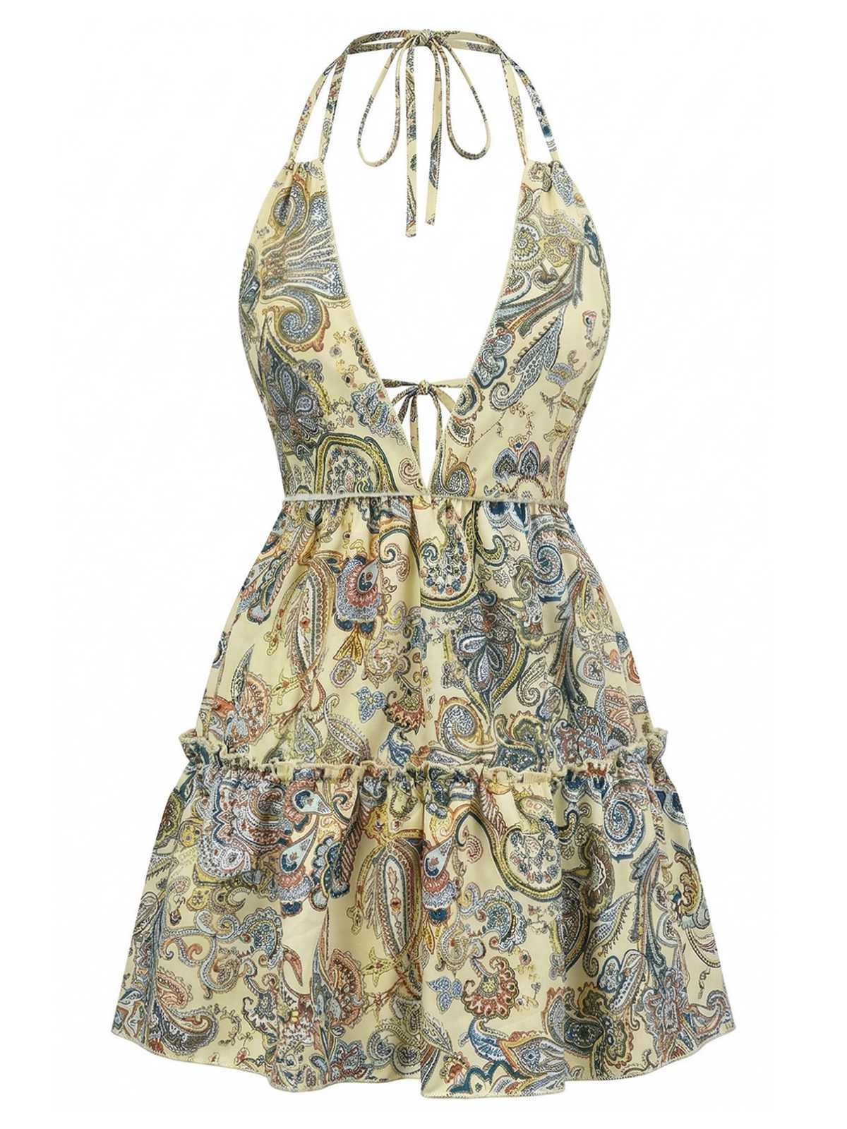 1970s Boho Paisley Halter Deep-V Backless Mini Dress - Image 4