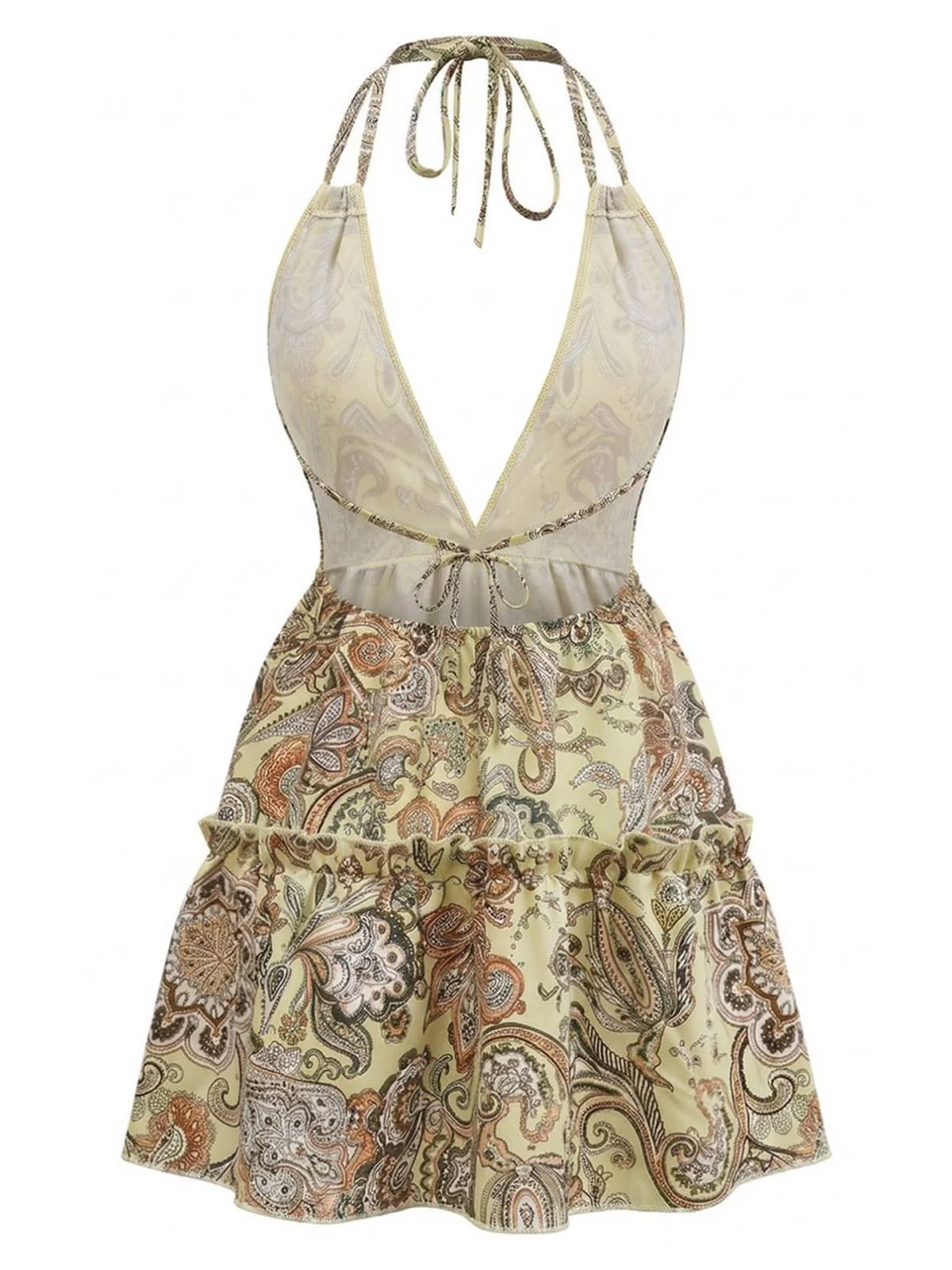 1970s Boho Paisley Halter Deep-V Backless Mini Dress - Image 5