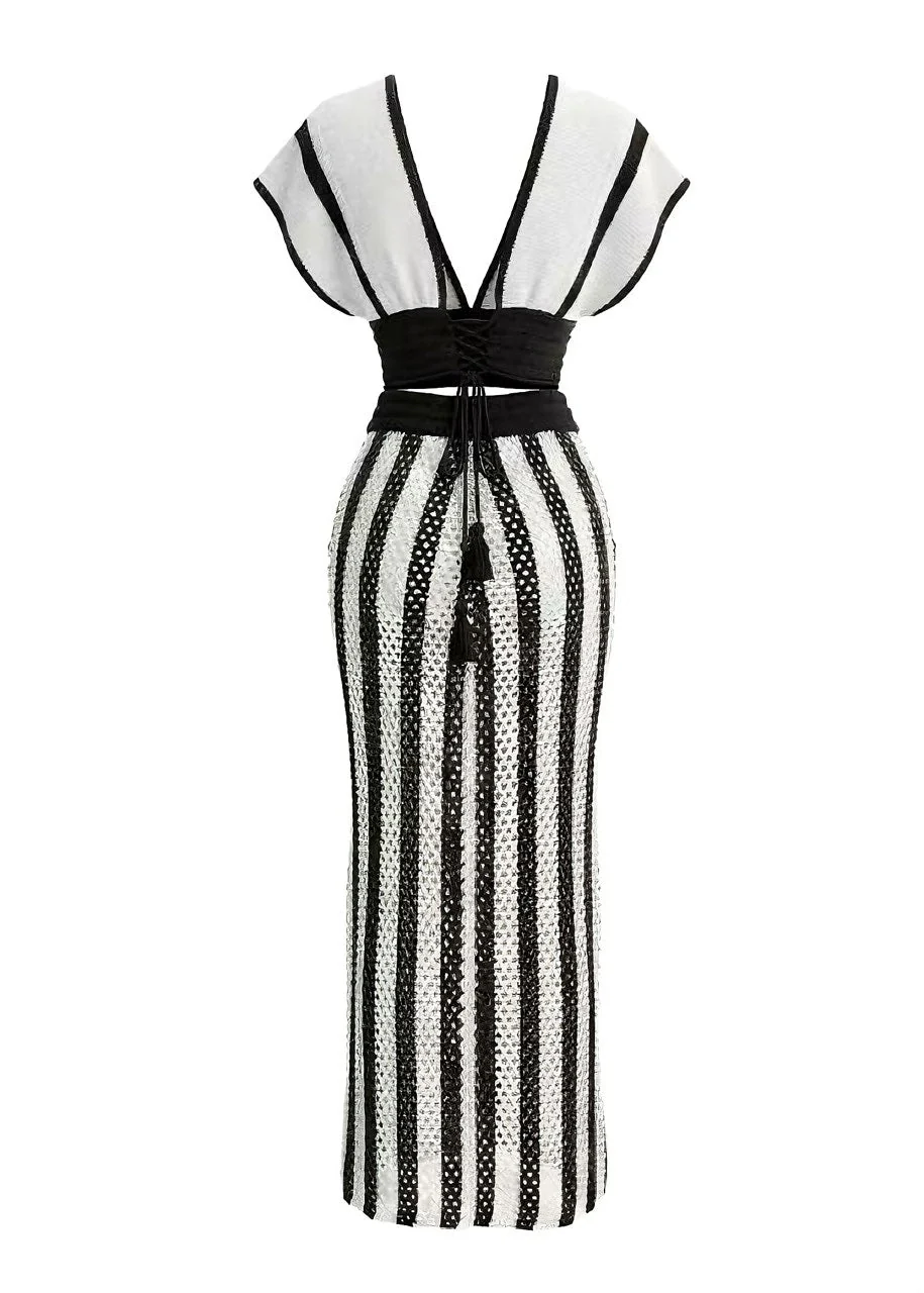 1970s Boho Striped Crochet Crop Top & Cutout Maxi Skirt Cover-up Set - Image 2