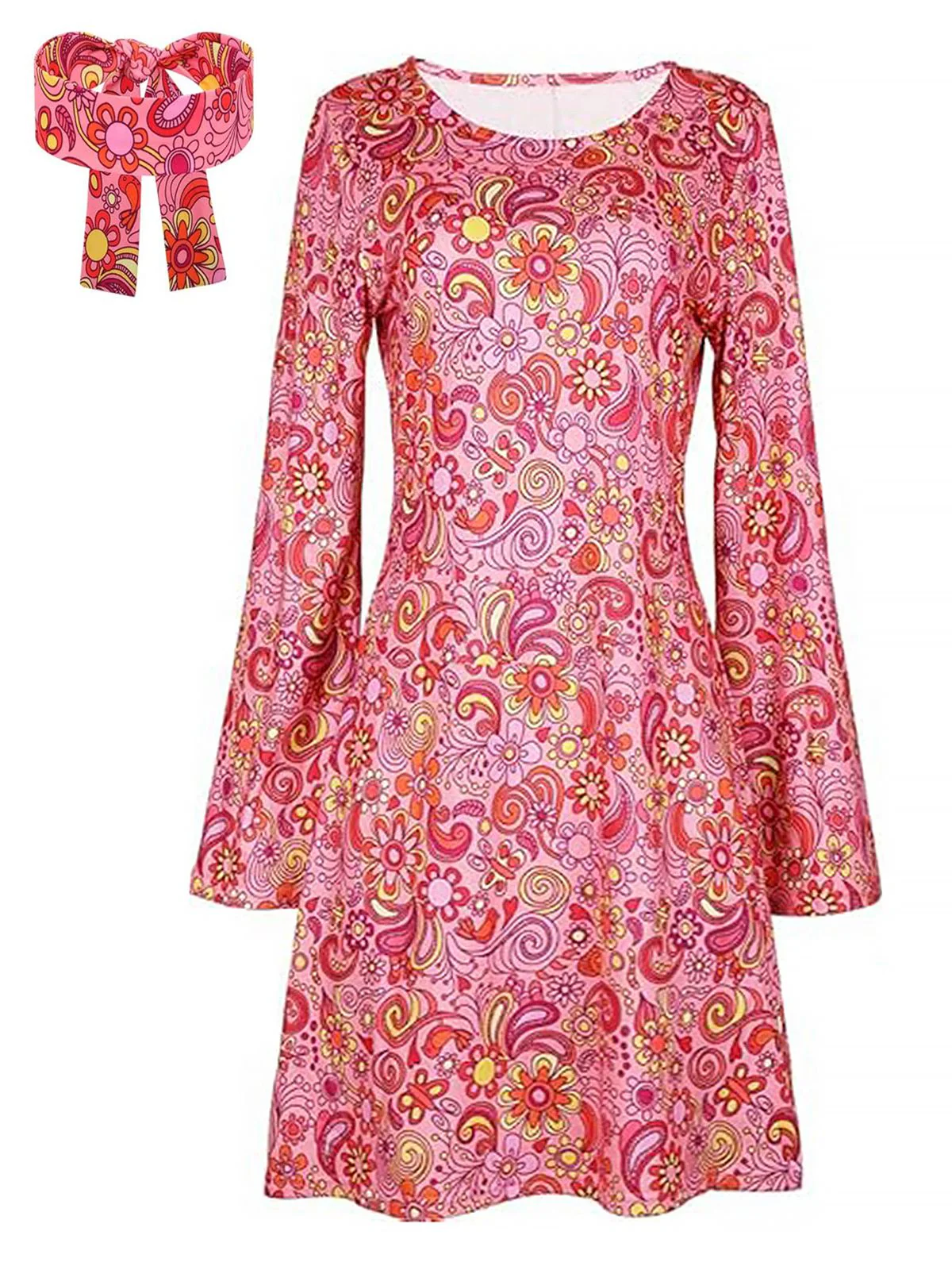1970s Cashew Flower Hippie Disco Dress With Headscarf