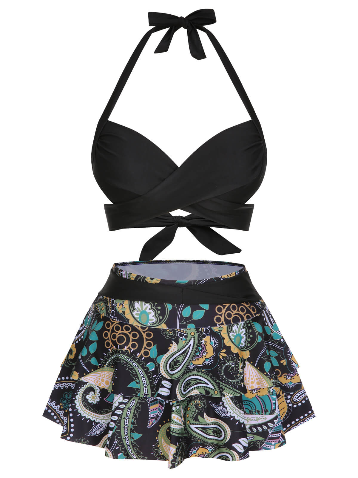 1970s Color Block Floral Halter Swimsuit
