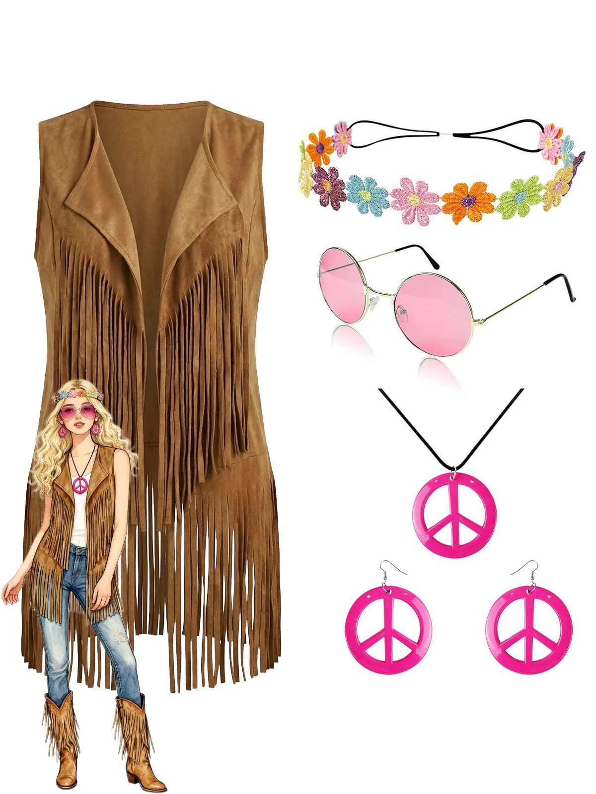 1970s Faux Suede Tassel Disco Vest Set