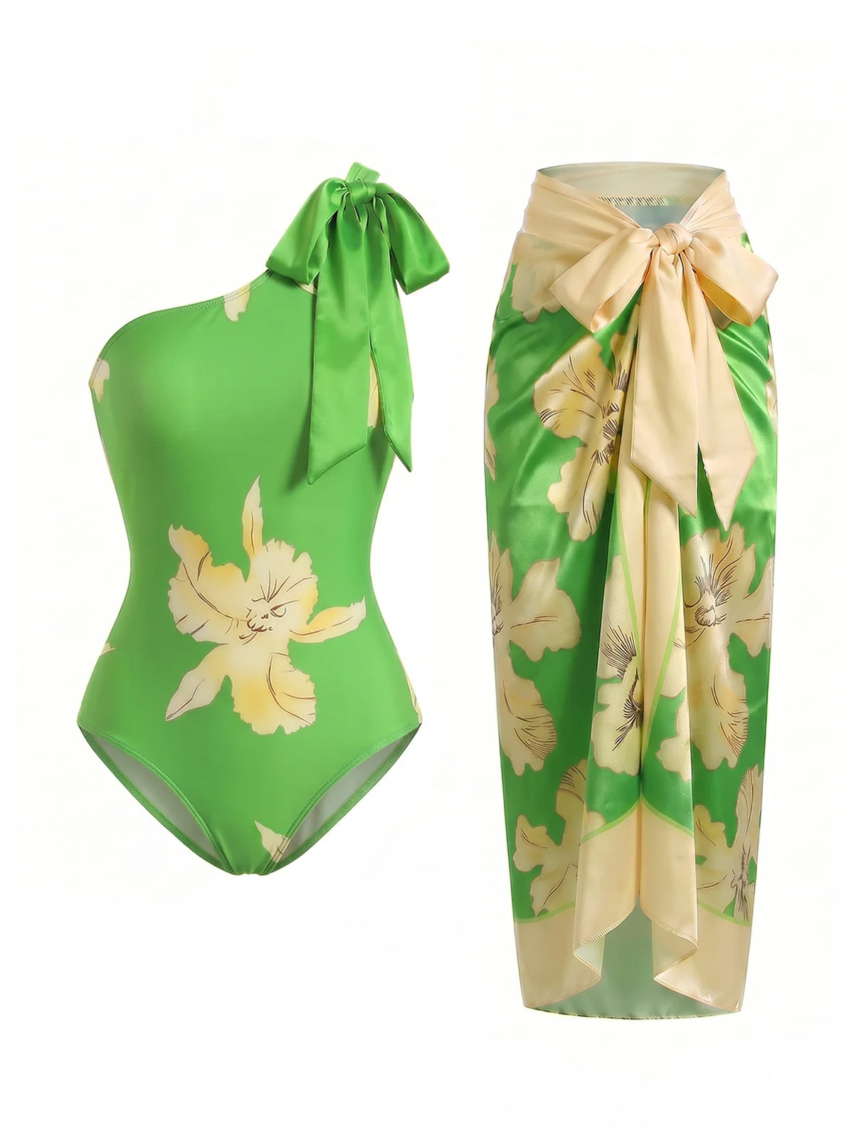 [Pre-Sale] 1970s Floral Maple Leaf One-Shoulder Swimsuit & Cover-Up