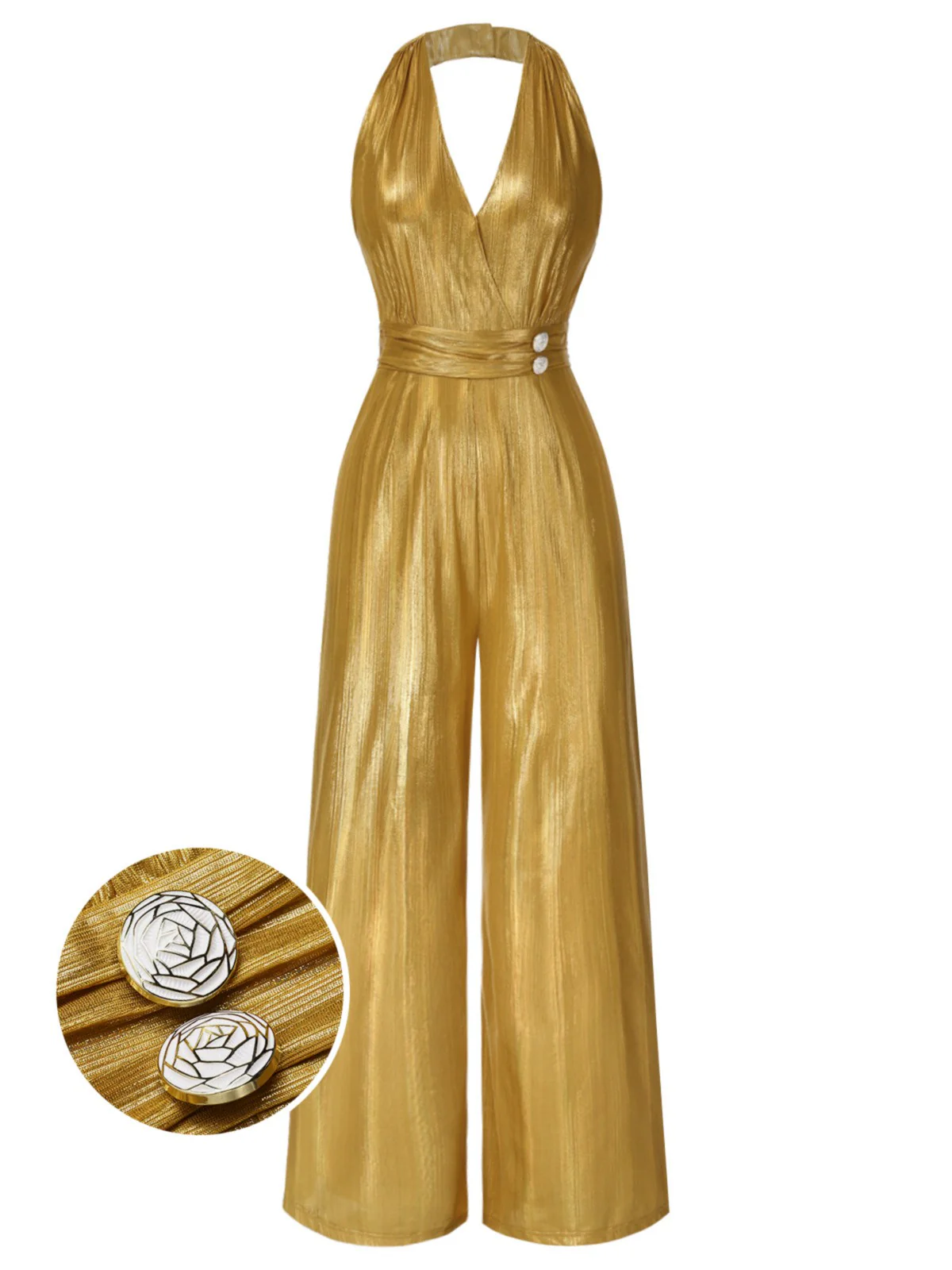 Gold 1970s Solid V-Neck Halter Jumpsuit - Image 2