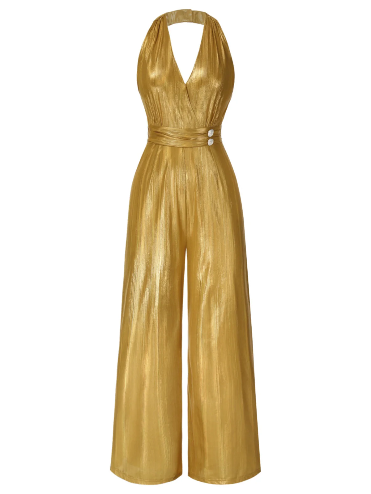 Gold 1970s Solid V-Neck Halter Jumpsuit - Image 3