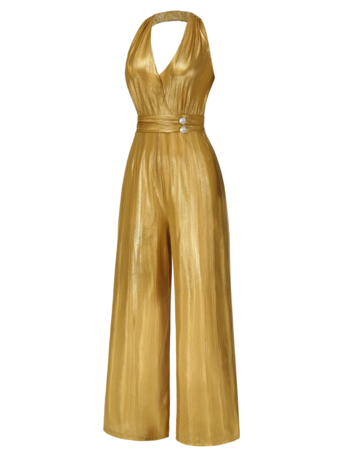Gold 1970s Solid V-Neck Halter Jumpsuit - Image 4