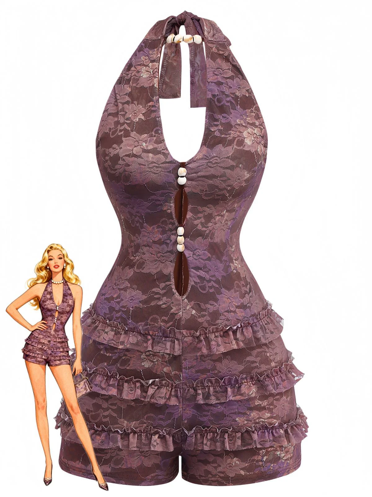 Y2k Halter Floral Tiered Ruffle Beaded Romper