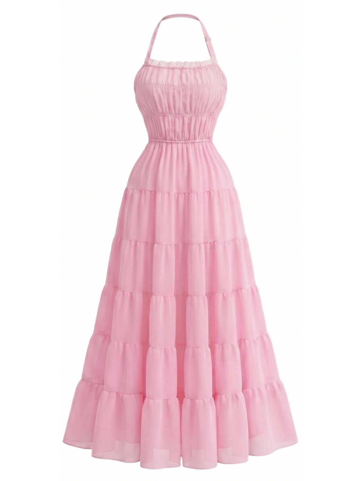 1970s Halter Chiffon Shirred Backless Tiered Maxi Dress - Image 2