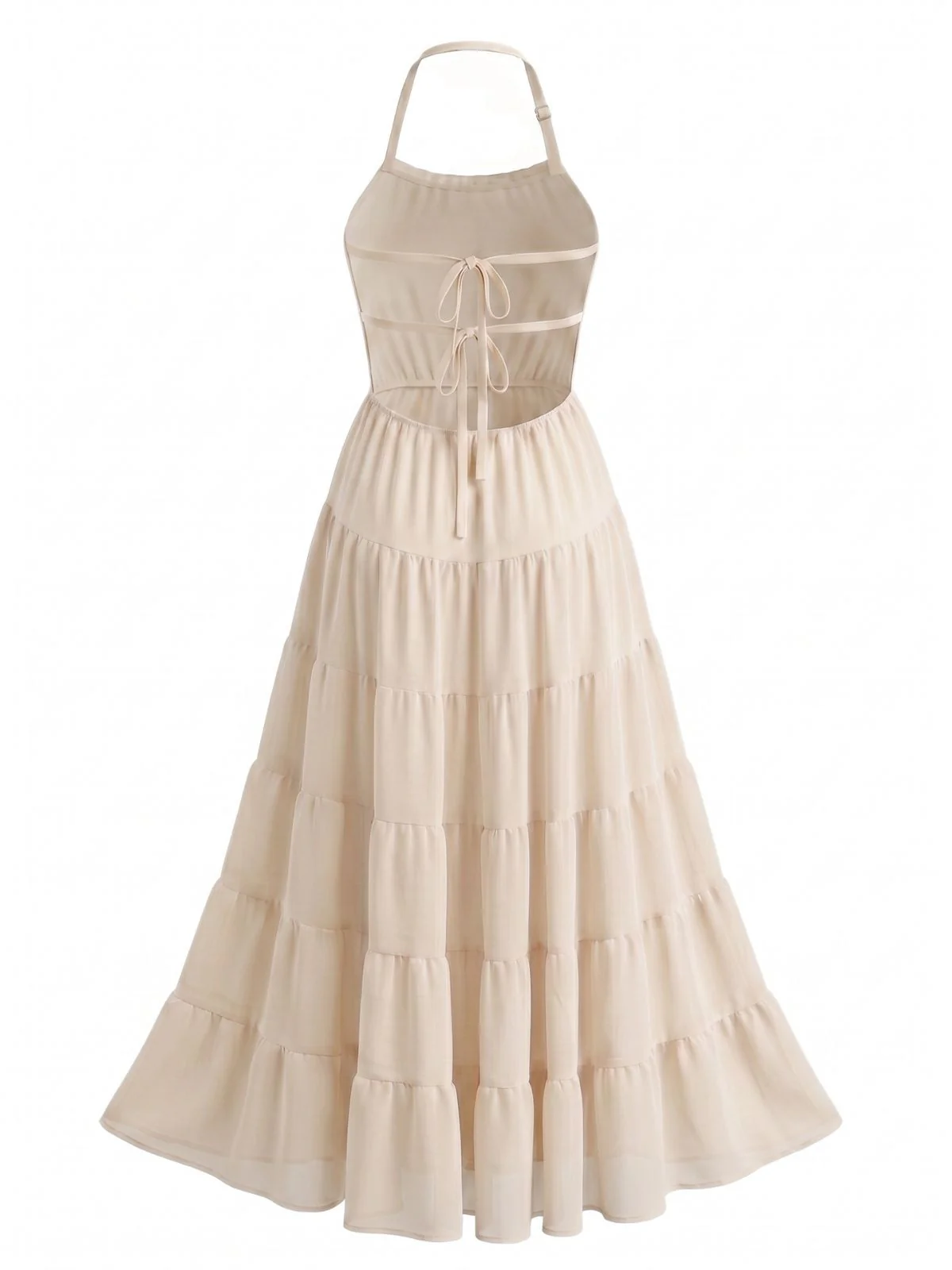 1970s Halter Chiffon Shirred Backless Tiered Maxi Dress - Image 7
