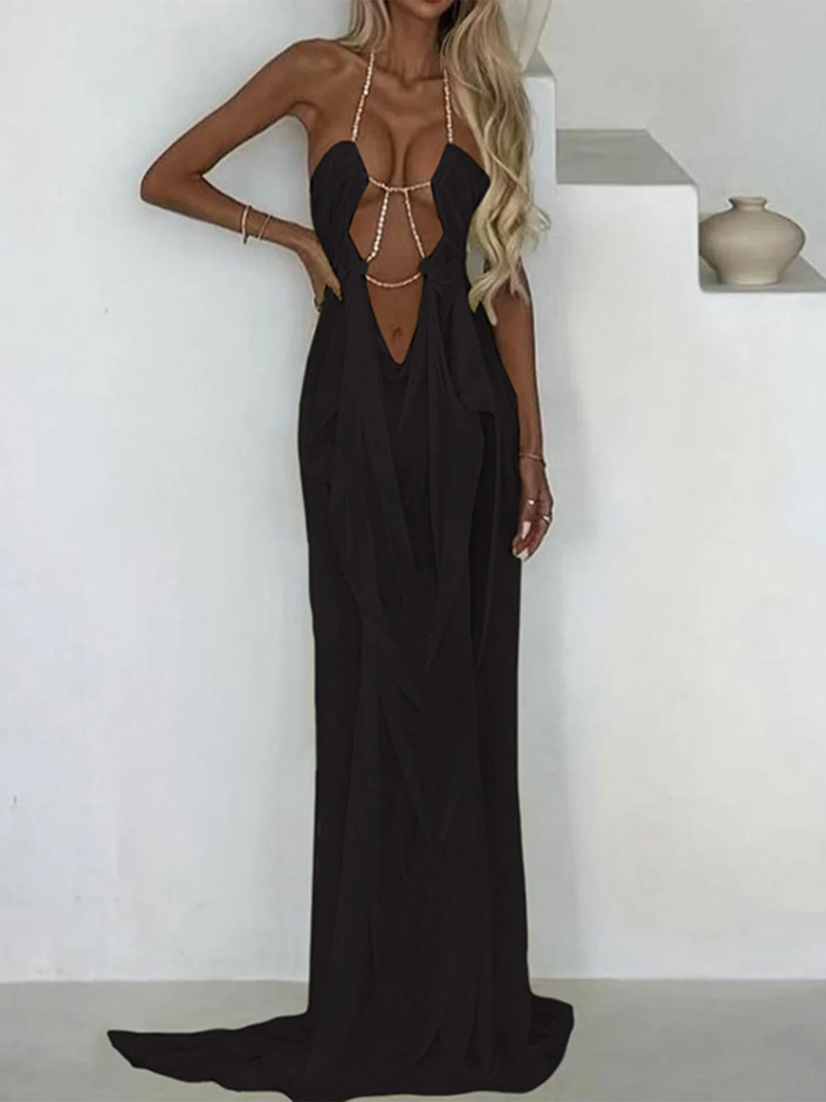 1970s Halter Cutout Mesh Maxi Dress - Image 5