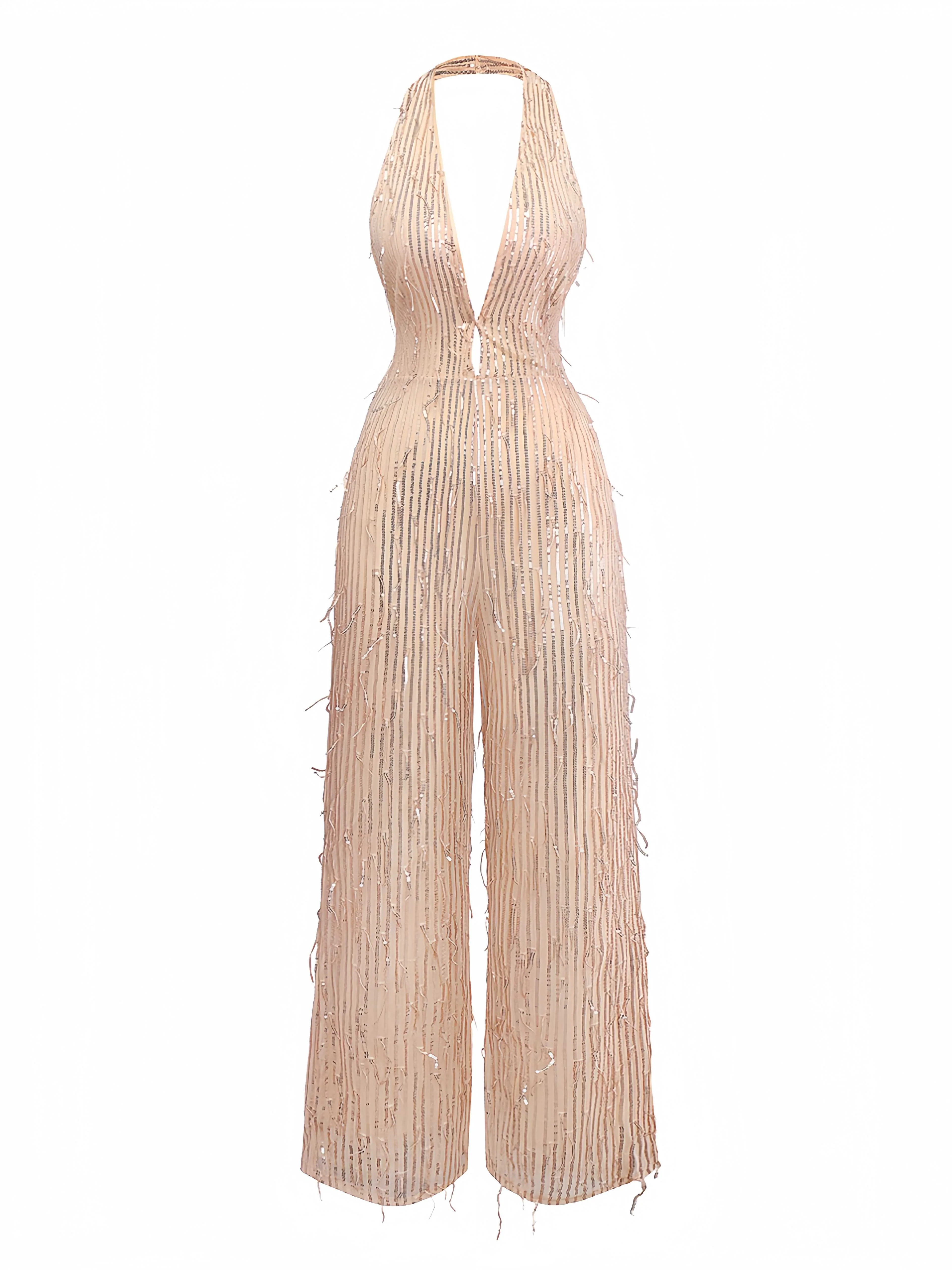 1970s Halter Deep V-Neck Sequin Fringe Jumpsuit - Image 2