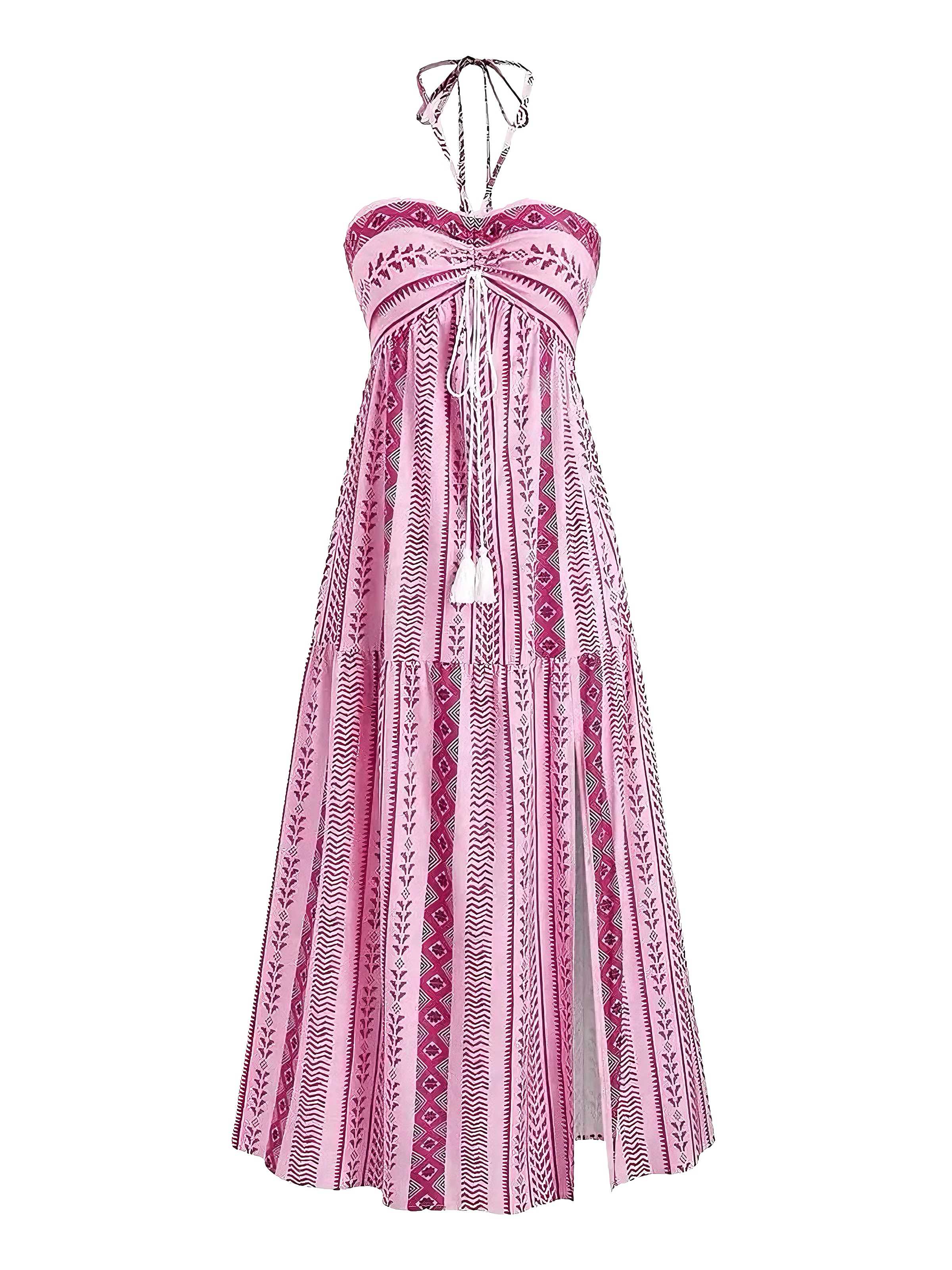 1970s Halter Ethnic Print Boho Dress