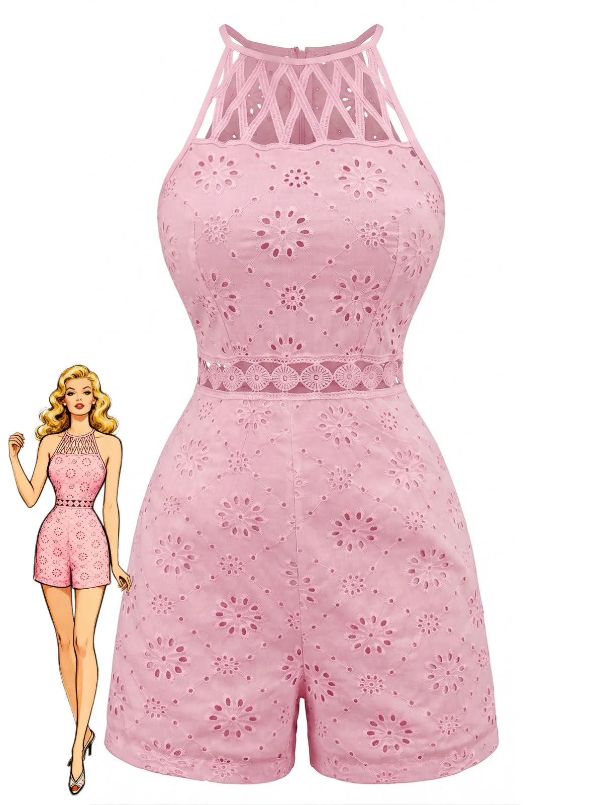 1970s Halter Round Neck Floral Hollow Romper