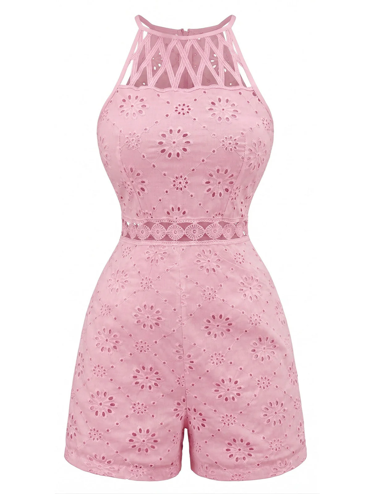 1970s Halter Round Neck Floral Hollow Romper - Image 2