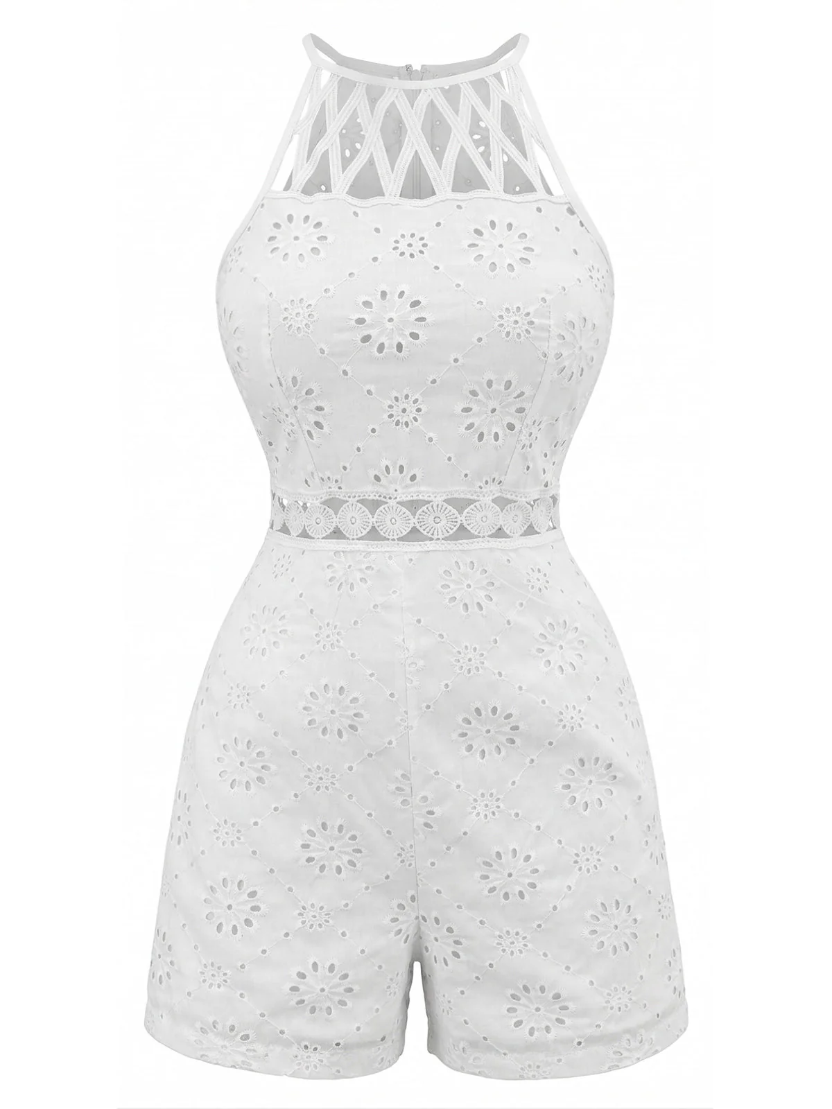 1970s Halter Round Neck Floral Hollow Romper - Image 4