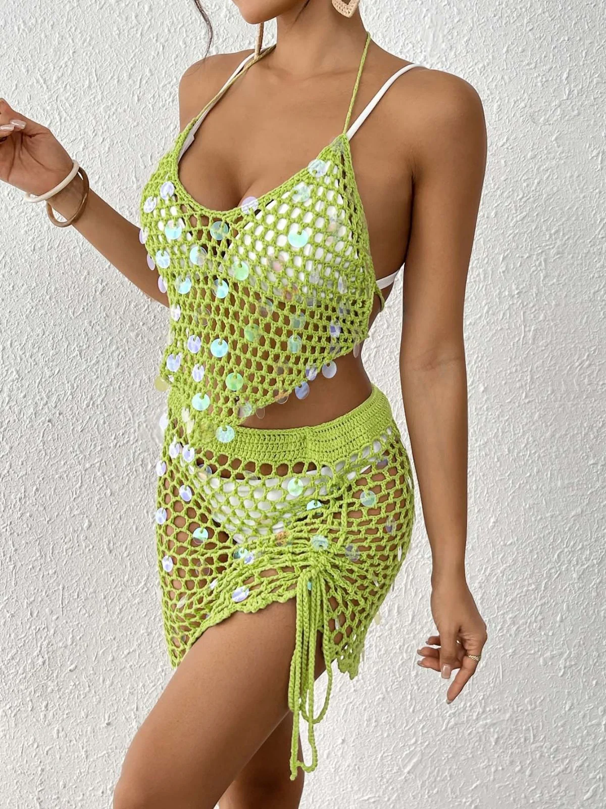 1970s Halter Sequin Crochet Cover-Up Set - Image 4