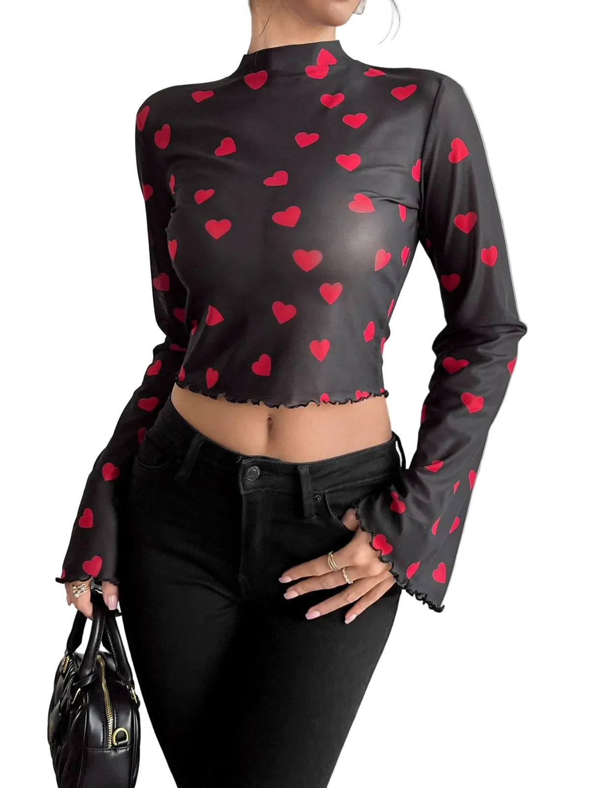 1970s Heart Mesh Flared Sleeve Cropped Top