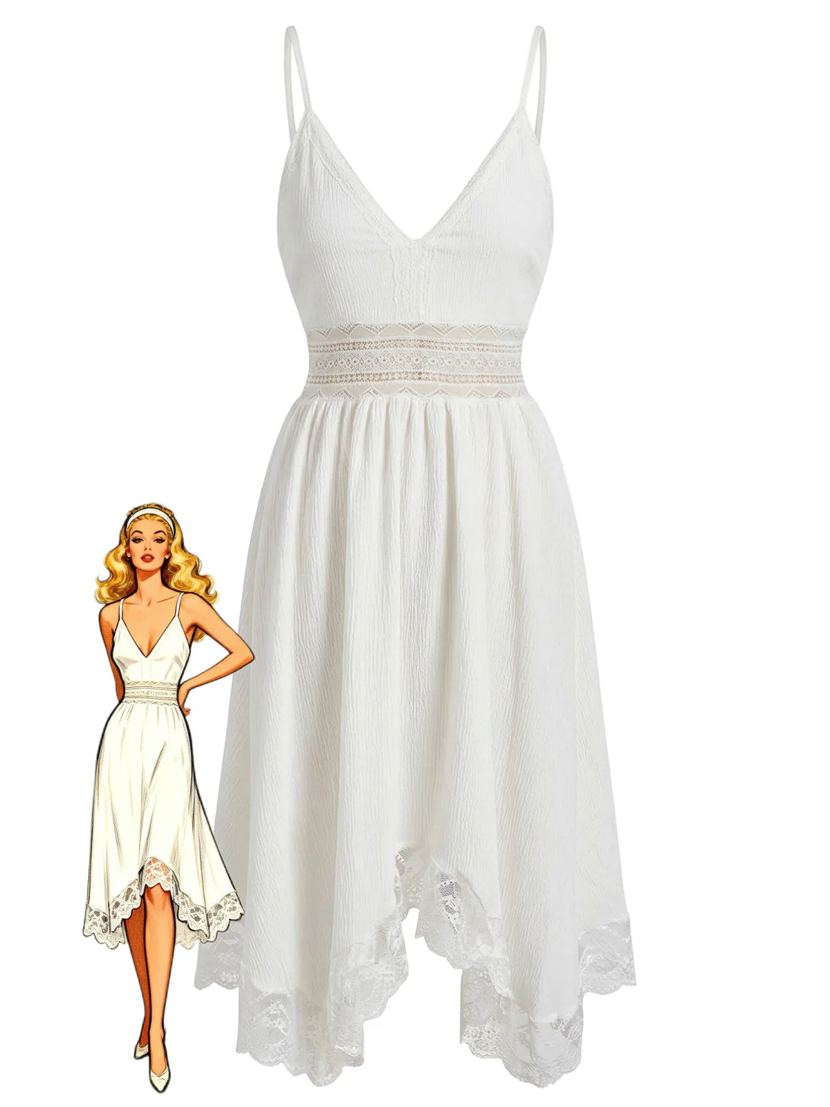 1970s Lace Textured V Neck Spaghetti Strap Dress