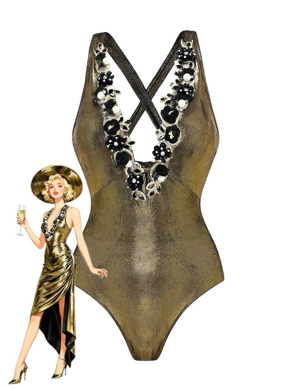 1970s Metallic Deep V-Neck 3D Floral Swimsuit & Cover-Up