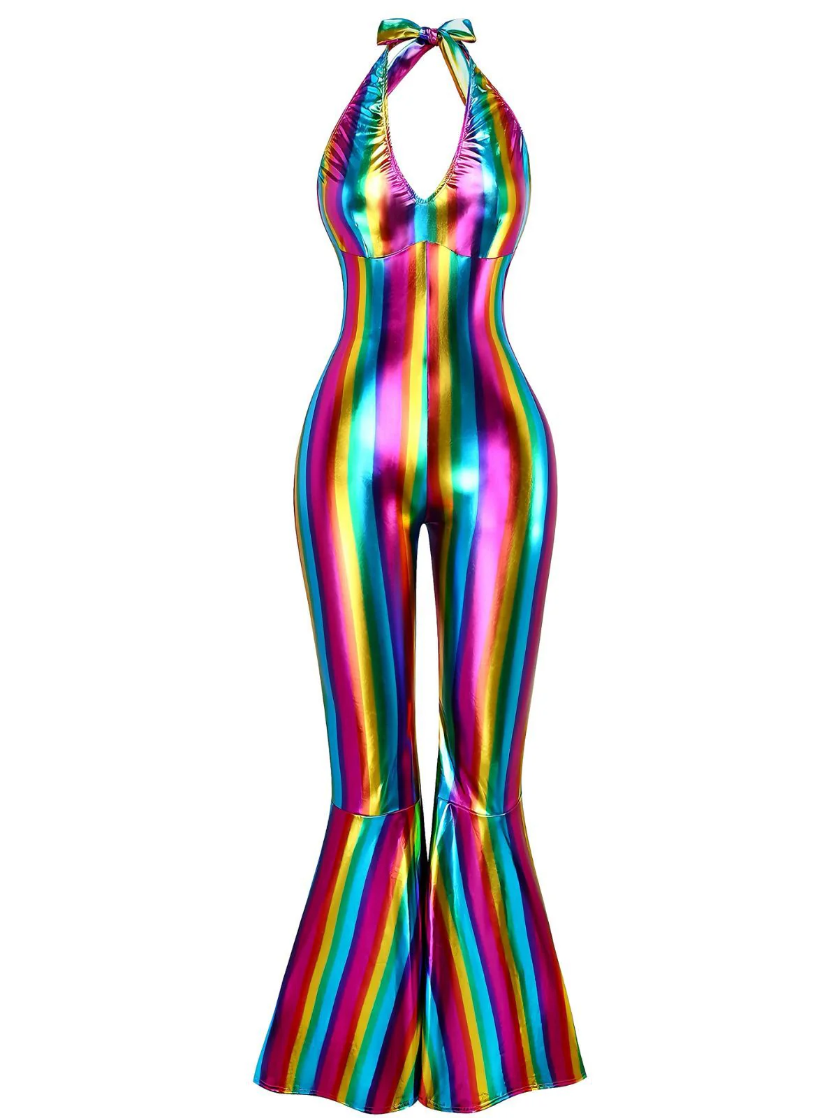 1970s Rainbow Colorblock Disco Halter Jumpsuit - Image 11