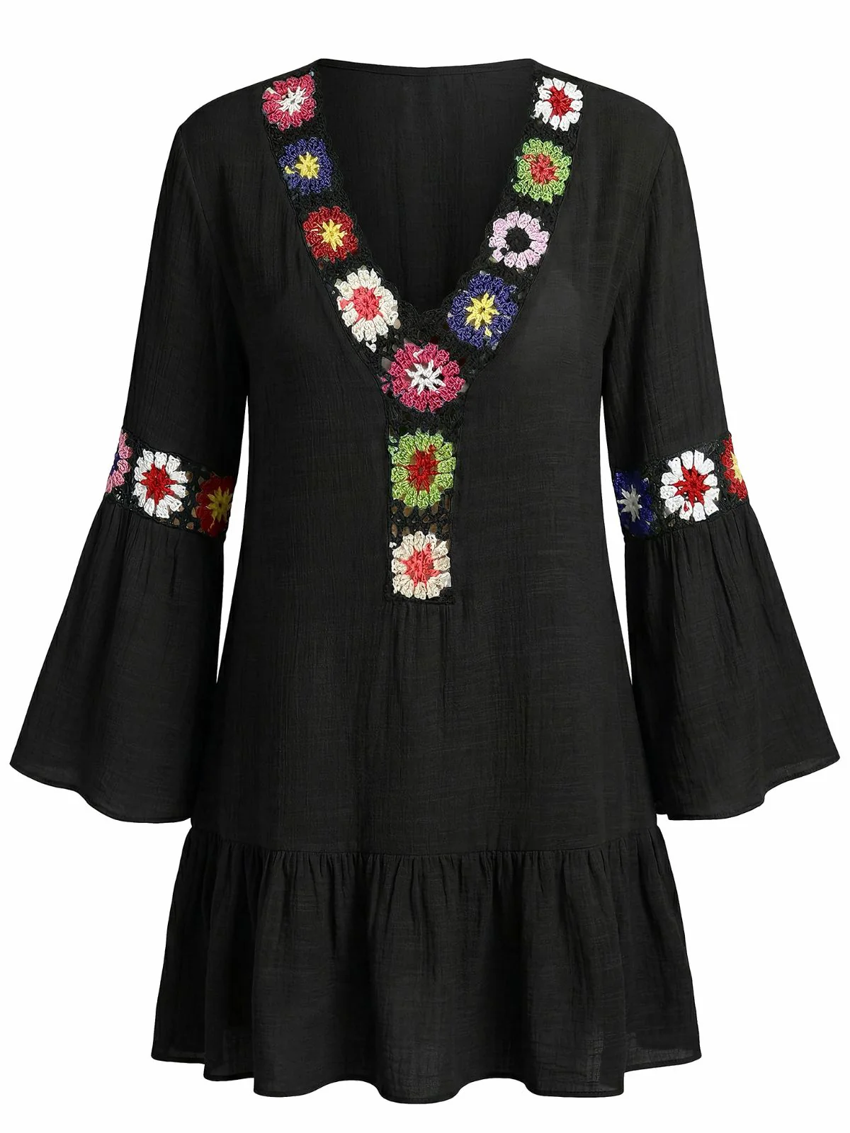1970s Ruffle Embroidery Floral V-Neck Cover-Up