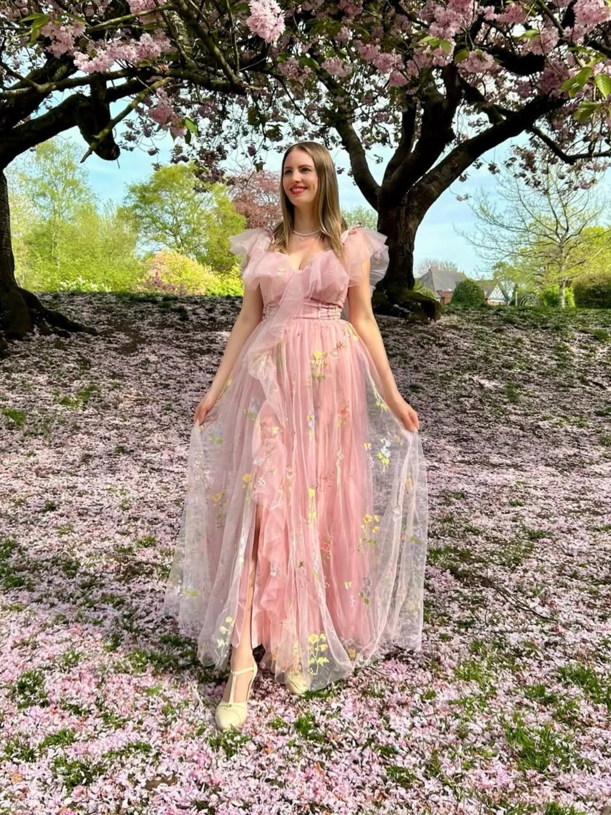 1970s Slip Floral Embroidered Mesh Slit Dress - Image 2