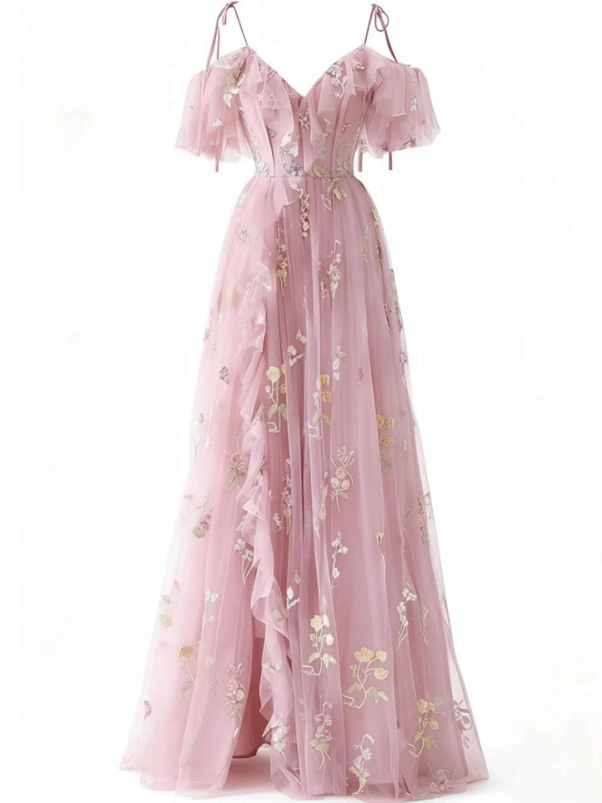 1970s Slip Floral Embroidered Mesh Slit Dress