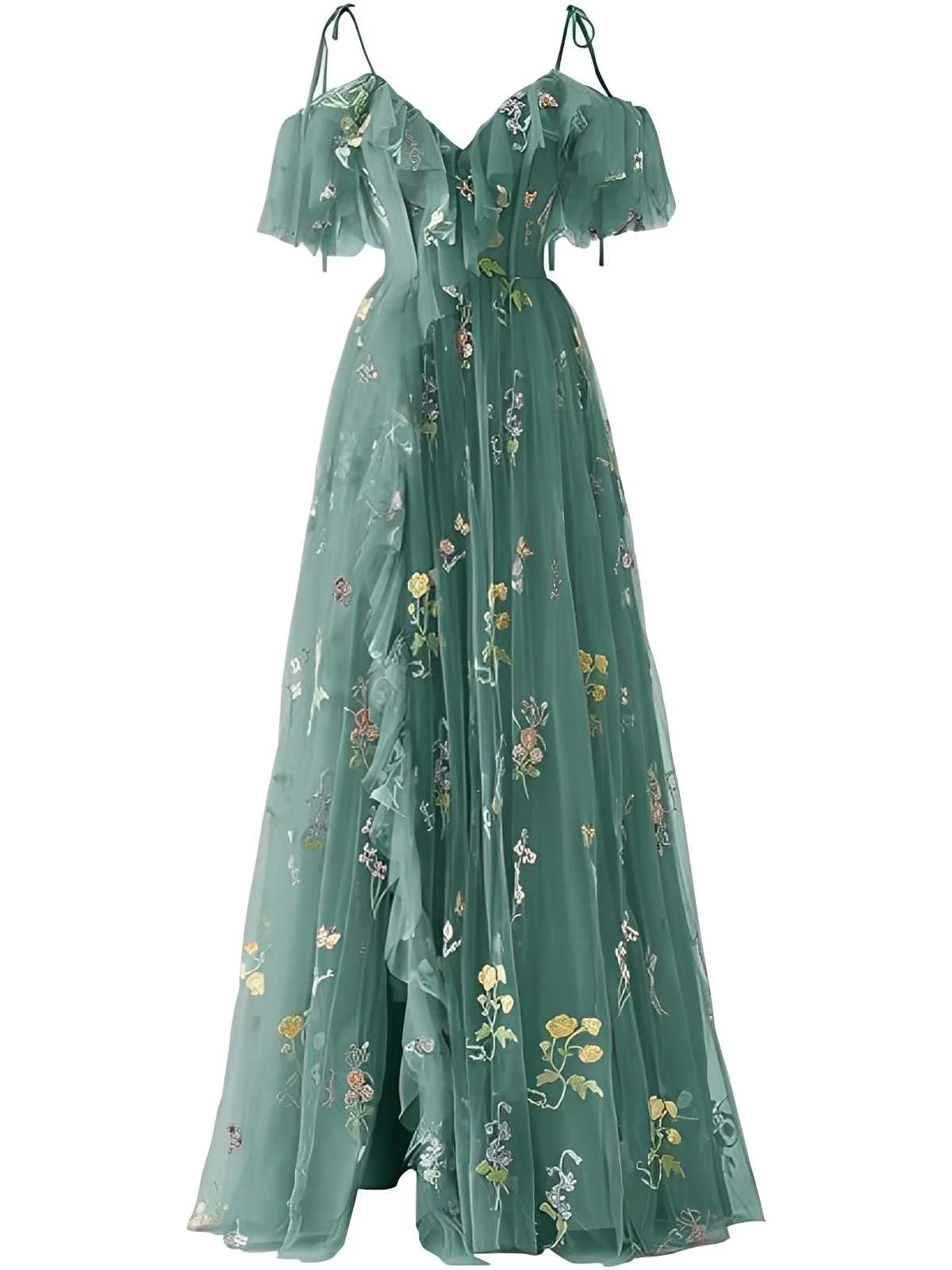 1970s Slip Floral Embroidered Mesh Slit Dress - Image 3